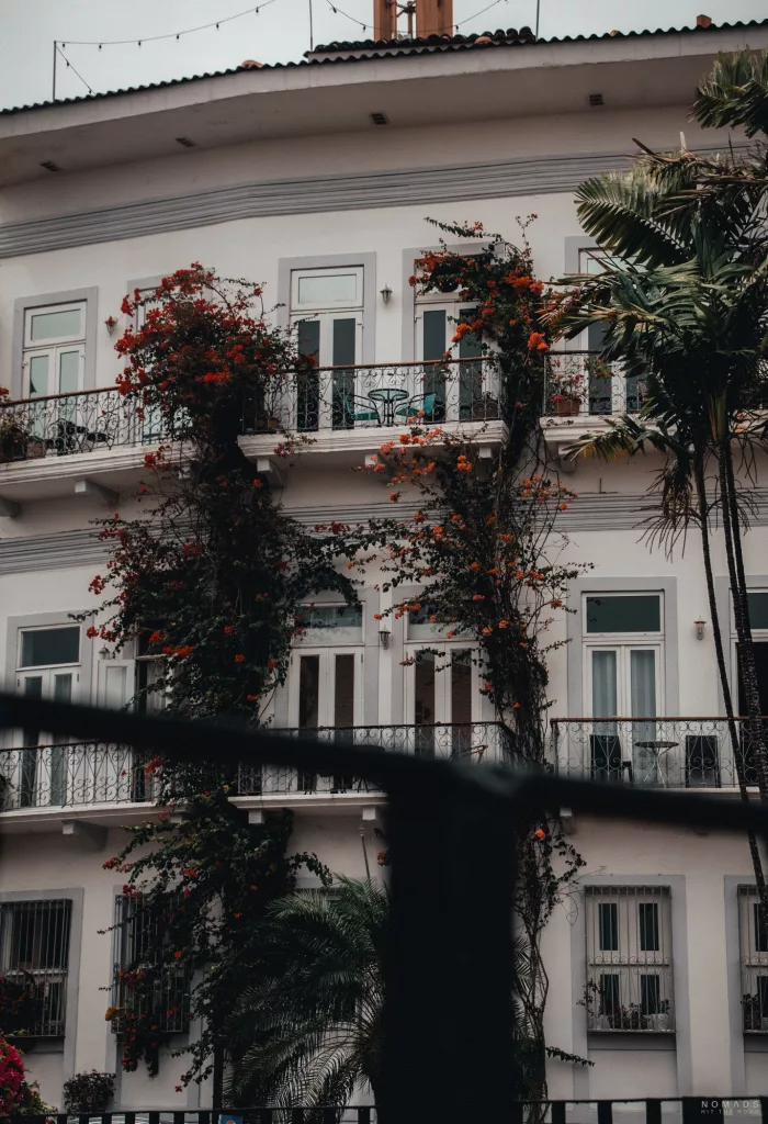 Historisches weißes Gebäude in der Altstadt von Panama City, liebevoll mit grünem Pflanzenbewuchs verziert. Eine Verbindung von Geschichte und Natur.