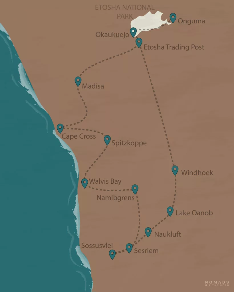 Ausschnitt Karte mit Route der 2.500km für unsere Namibia Rundreise für 14 Tage inkl. der 11 Campsites