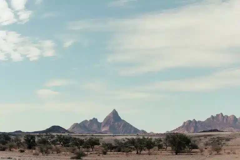 Blick auf das imposante Spitzkoppe-Massiv in der Wüste Namibias mit weitem Himmel und Akazienbäumen im Vordergrund