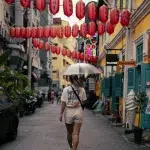 Frau mit Regenschirm in Straße mit Laternen in Chinatown Kuala Lumpur