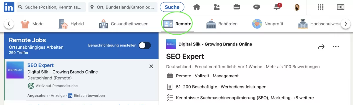 Jobangebot auf LinkedIn für Remote-Positionen für Digitale Nomaden