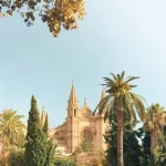 Die Kathedrale von Palma de Mallorca, „La Seu“, umgeben von Palmen und mediterraner Vegetation an einem sonnigen Tag.