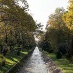 Kanal mit Herbstbäumen: Ein schmaler Kanal, flankiert von dicht bewachsenen, herbstlichen Bäumen, die in warmem Sonnenlicht leuchten. Die Umgebung vermittelt eine ruhige, parkähnliche Atmosphäre.