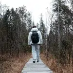 Rückansicht eines Wanderers auf dem Bohlenweg – Ein Wanderer mit einem Rucksack geht auf dem geschwungenen Steg, umgeben von kahlen Bäumen und Gräsern, durch das Moor.