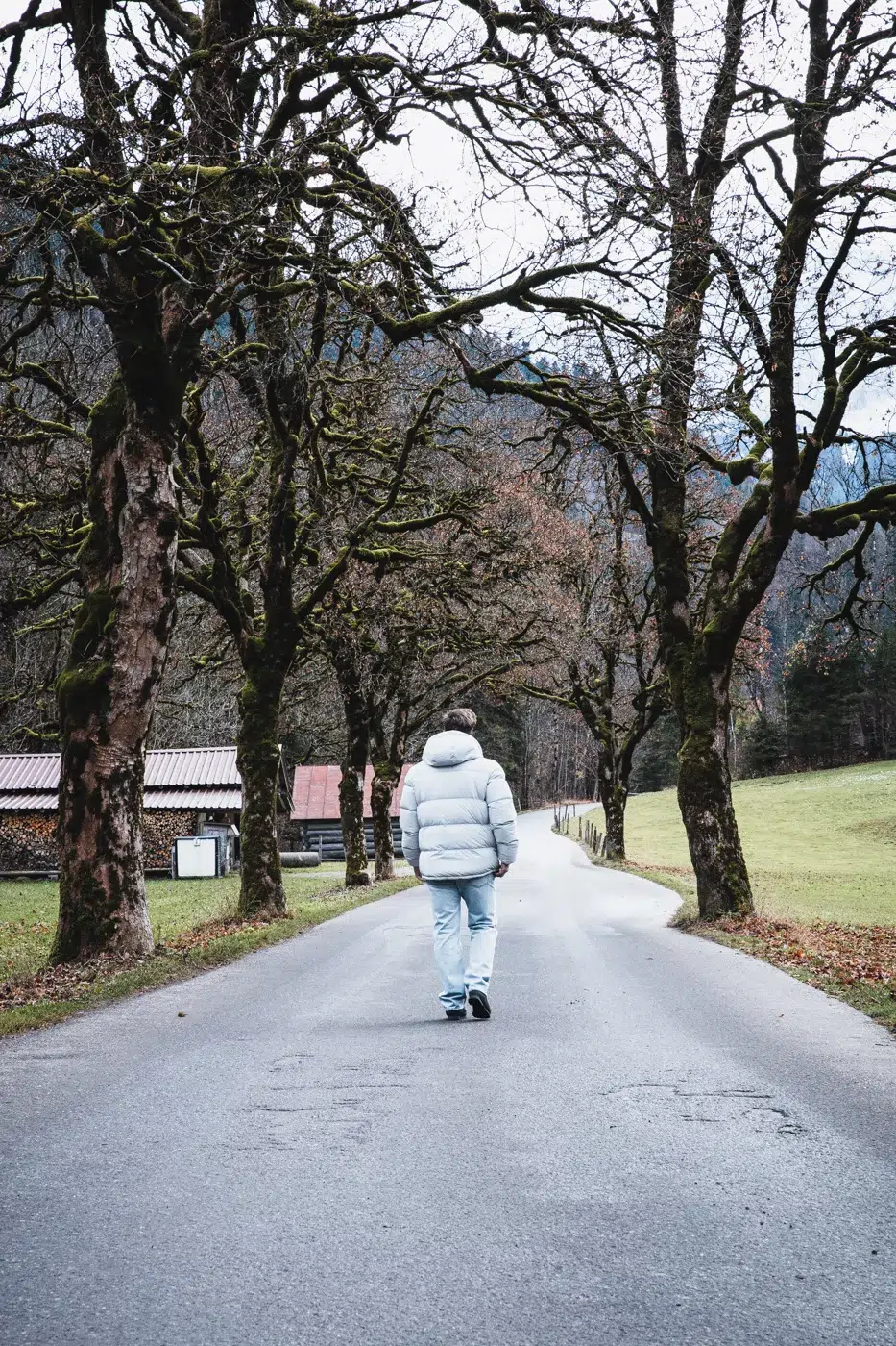 Person in einer weißen Winterjacke spaziert eine von moosbewachsenen Bäumen gesäumte Landstraße entlang, mit kleinen Bauernhäusern und grünen Wiesen im Hintergrund – eine ruhige Szene im ländlichen Bayern.