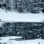 See, in dem sich Bäume spiegeln, mit einem schneebedecktem Ufer