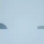 Blick auf den verschneiten und vernebelten Maligne Lake gesäumt von Bäumen