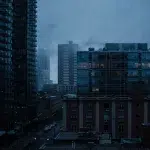 Blick auf Hochhäuser während es dämmert und neblig ist in Beltline