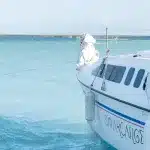Segelboot liegt auf dem blauen Wasser einer Lagune