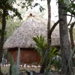 nachgebaute Hütte aus Lehm und Dach aus Palmenblättern der Maya