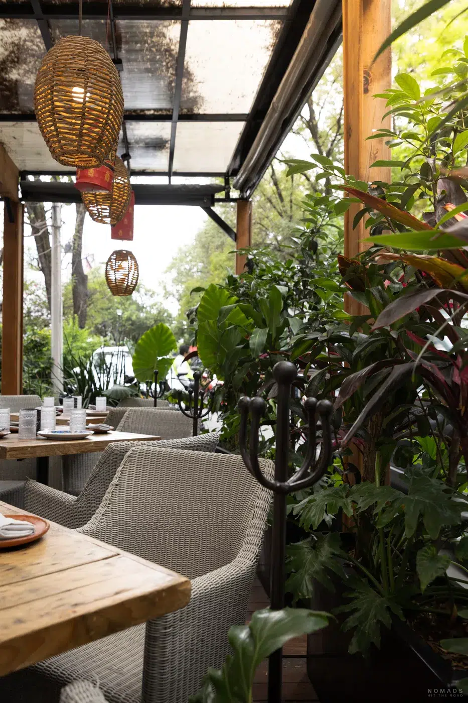 Gemütliche Terrasse eines Restaurants in Polanco mit Korbmöbeln, Pflanzen und hölzernem Interieur