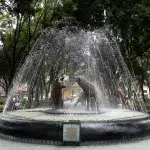 Der Fuente de los Coyotes in Coyoacán, ein großer Brunnen mit zwei Coyote-Statuen in der Mitte, aus denen Wasser fontänenartig sprüht. Der Brunnen befindet sich in einem grünen Park mit vielen Bäumen, und im Hintergrund sind Menschen und Gebäude zu erkennen.