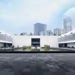 Außenansicht des Museo Nacional de Antropología in Mexiko City mit Wasserbecken und moderner Architektur