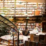 Frau steht in einer stilvollen Buchhandlung im Viertel Polanco in Mexiko-Stadt, umgeben von hohen Bücherregalen und Pflanzen