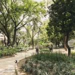 Grüner Park in Medellín mit verschlungenen Wegen, hohen Bäumen und dichter Vegetation – typische Szene aus dem Viertel Laureles.