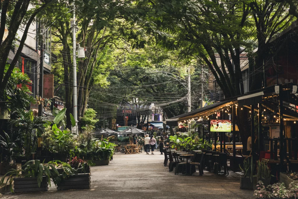 Grüne, von Bäumen gesäumte Straße in El Poblado, Medellín, mit Cafés, Restaurants und Tischen im Freien – beliebtes Ausgehviertel am Abend.