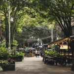 Grüne, von Bäumen gesäumte Straße in El Poblado, Medellín, mit Cafés, Restaurants und Tischen im Freien – beliebtes Ausgehviertel am Abend.