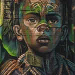 Graffiti-Kunst in der Comuna 13 Medellín – buntes Wandbild eines Kindes mit traditionellen Mustern
