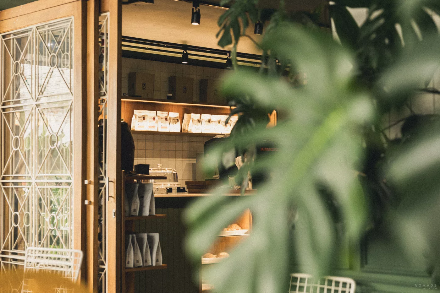 Ein Blick in ein stilvolles Café in Medellín mit Kaffeemaschine, Bohnenregalen und viel Grün.