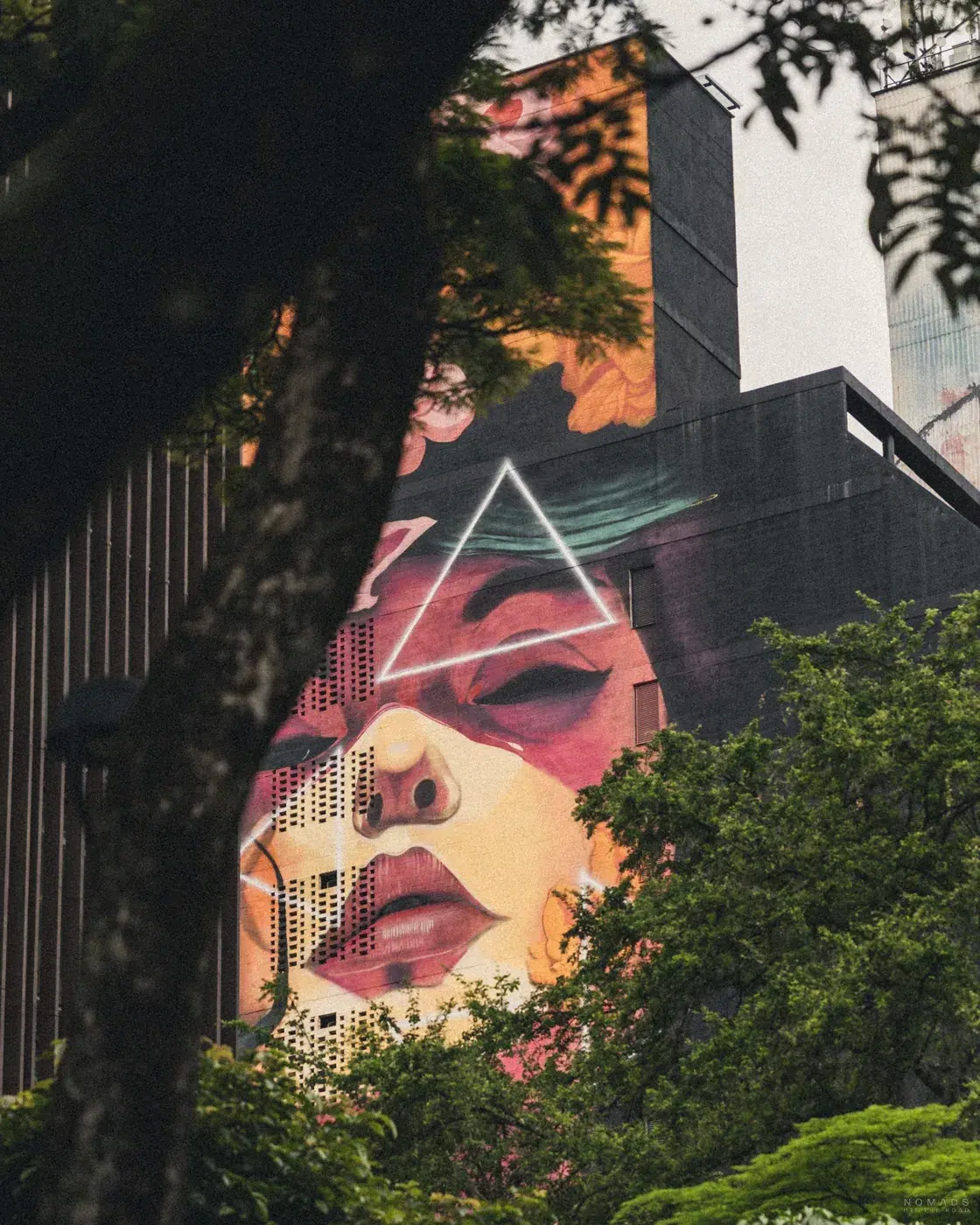 Buntes Wandbild einer Frau mit geschlossenen Augen und Neon-Dreieck im Szeneviertel El Poblado in Medellín.