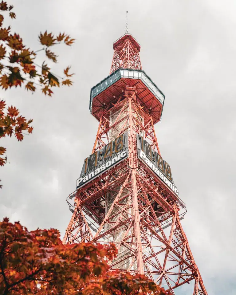 Detailaufnahme des roten Sapporo Fernsehturms mit Aussichtsplattform, umrahmt von herbstlich gefärbten Ahornblättern.