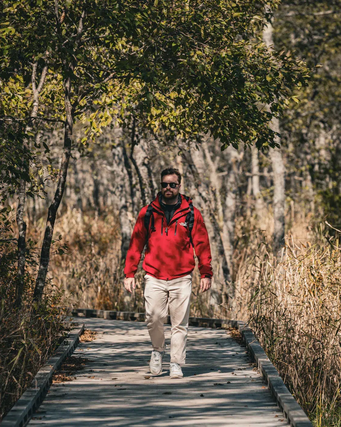 Mann mit roter Jacke wandert auf einem Holzpfad durch den herbstlichen Wald bei Onnenai im Kushiro-Shitsugen Nationalpark.