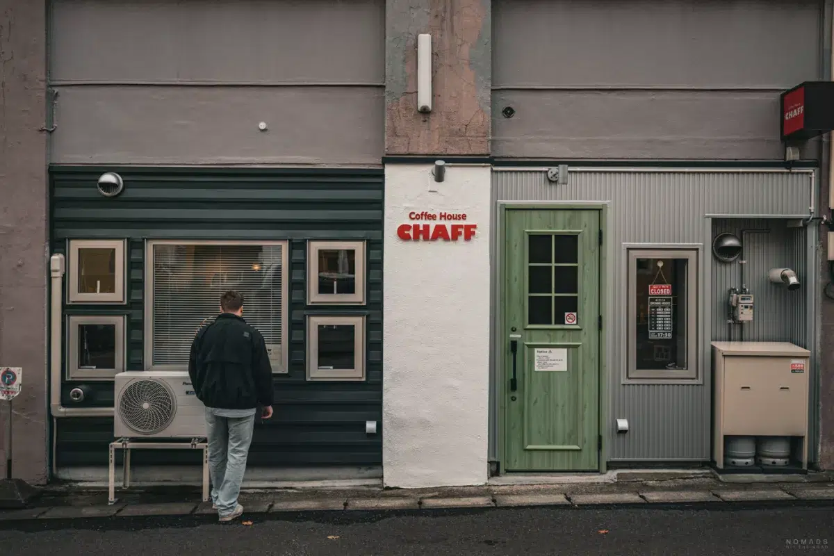 Fassade des Coffee House CHAFF in Otaru mit grünem Eingang und kleinen Fenstern, davor eine Person, die in Richtung Café schaut.