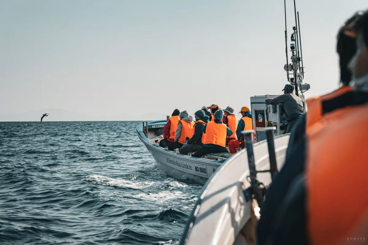 Kleines Ausflugsboot mit mehreren Passagieren in orangefarbenen Schwimmwesten auf dem offenen Meer vor der Shiretoko-Halbinsel.