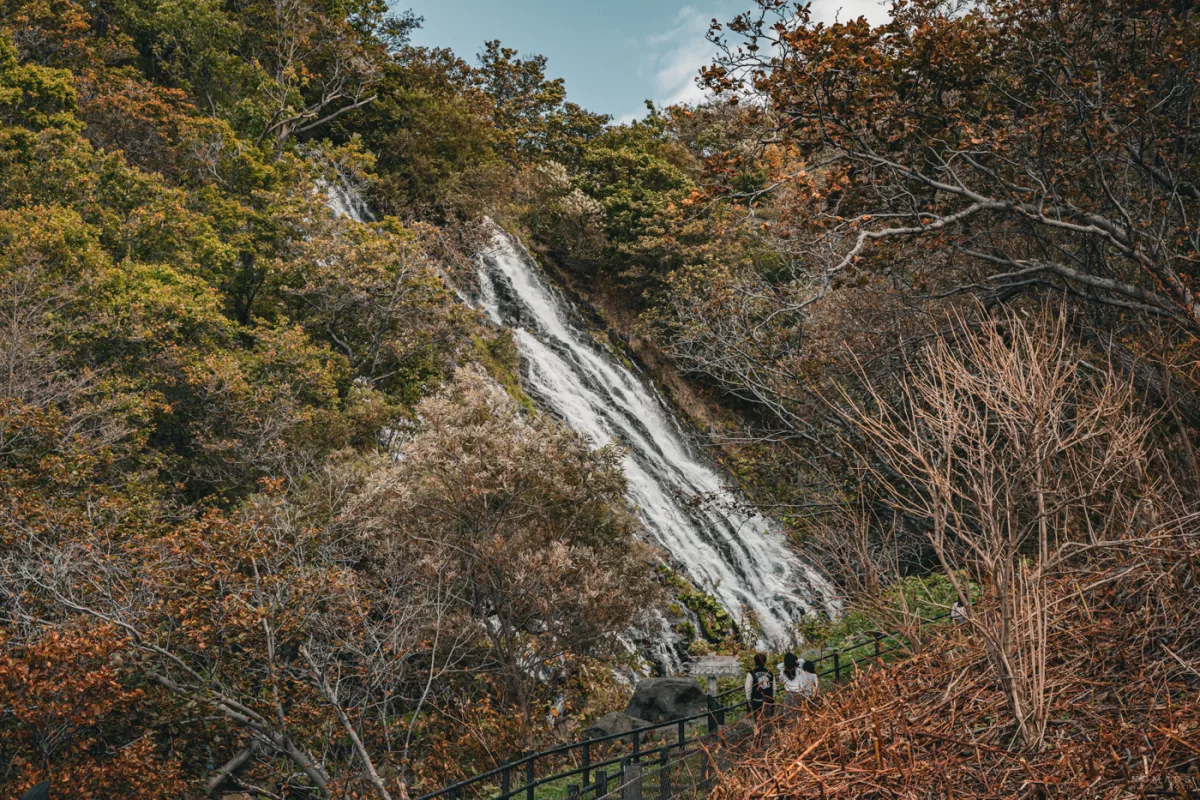 Wasserfall im Shiretoko-Nationalpark, der zwischen herbstlich gefärbten Bäumen einen steilen Hang hinabfließt