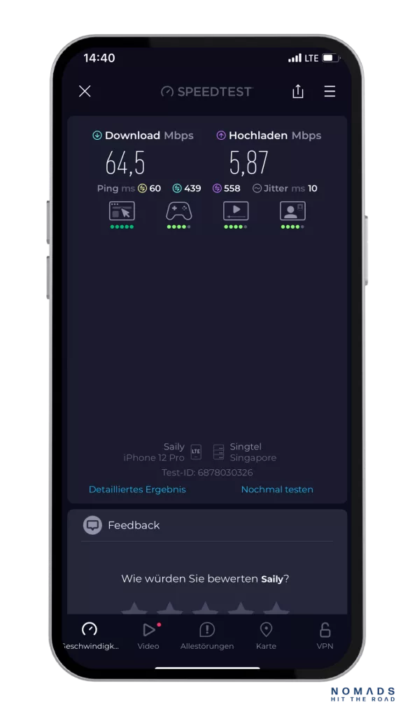Speedtest mit Saily eSIM auf Bali: 64,5 Mbps Download und 5,87 Mbps Upload bei stabiler Verbindung