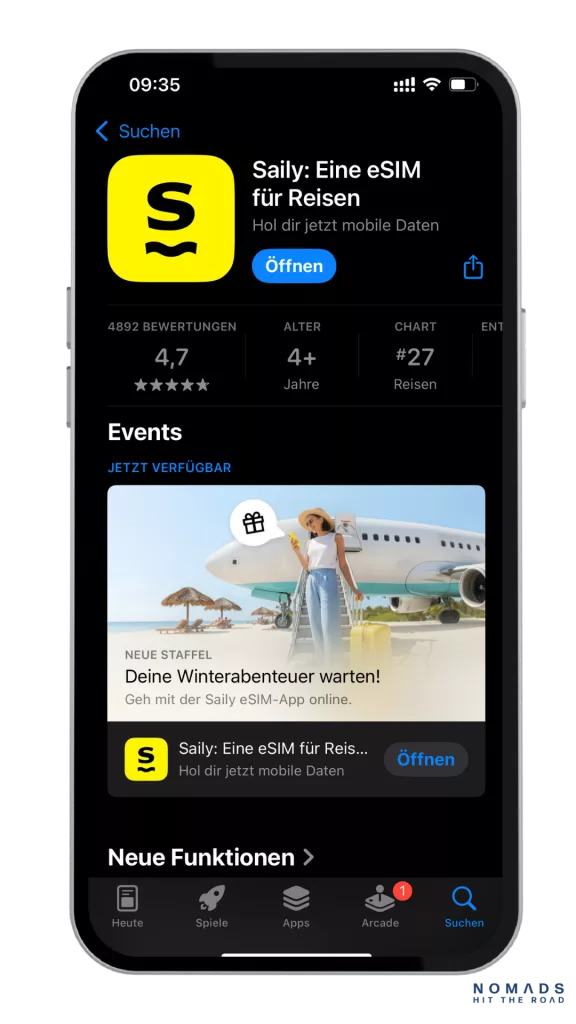 Saily eSIM App im Apple App Store mit Bewertung, Download-Button und App-Übersicht