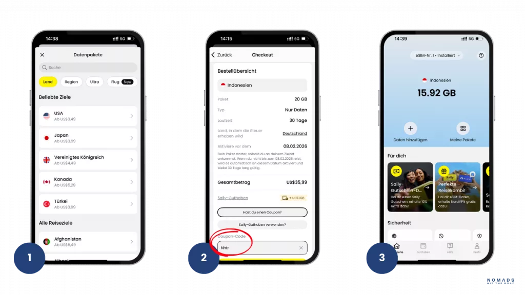 Saily Erfahrungen: Installation der eSIM in 3 Schritten (Paket wählen, Rabattcode NHTR, direkt online)