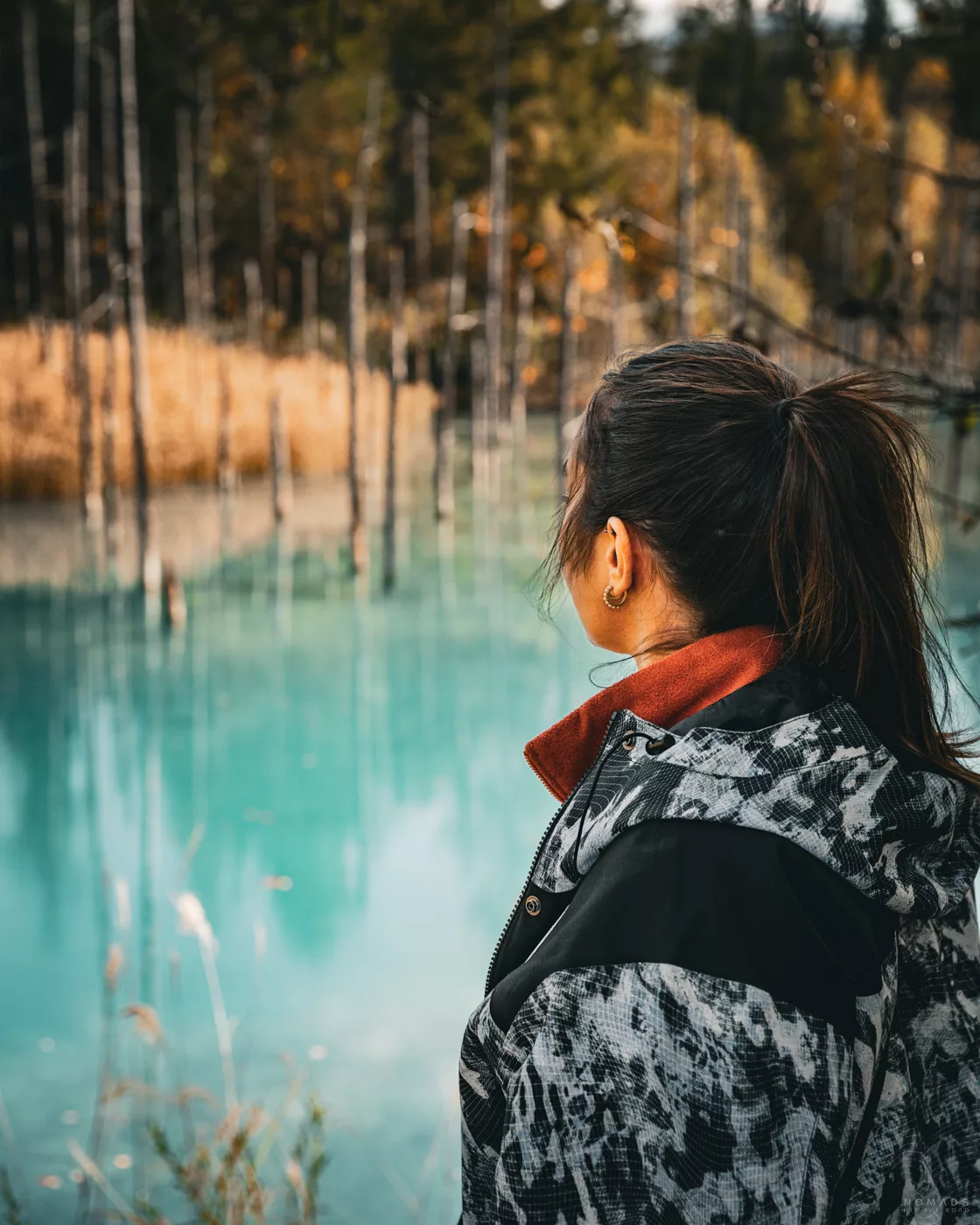 Frau blickt auf den türkisfarbenen Blue Pond in Biei, umgeben von herbstlicher Landschaft und abgestorbenen Bäumen im Wasser.