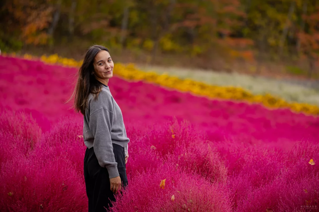 Frau steht in einem leuchtend pinken Blumenfeld in Shikisai-no-oka bei Biei, umgeben von herbstlicher Landschaft.