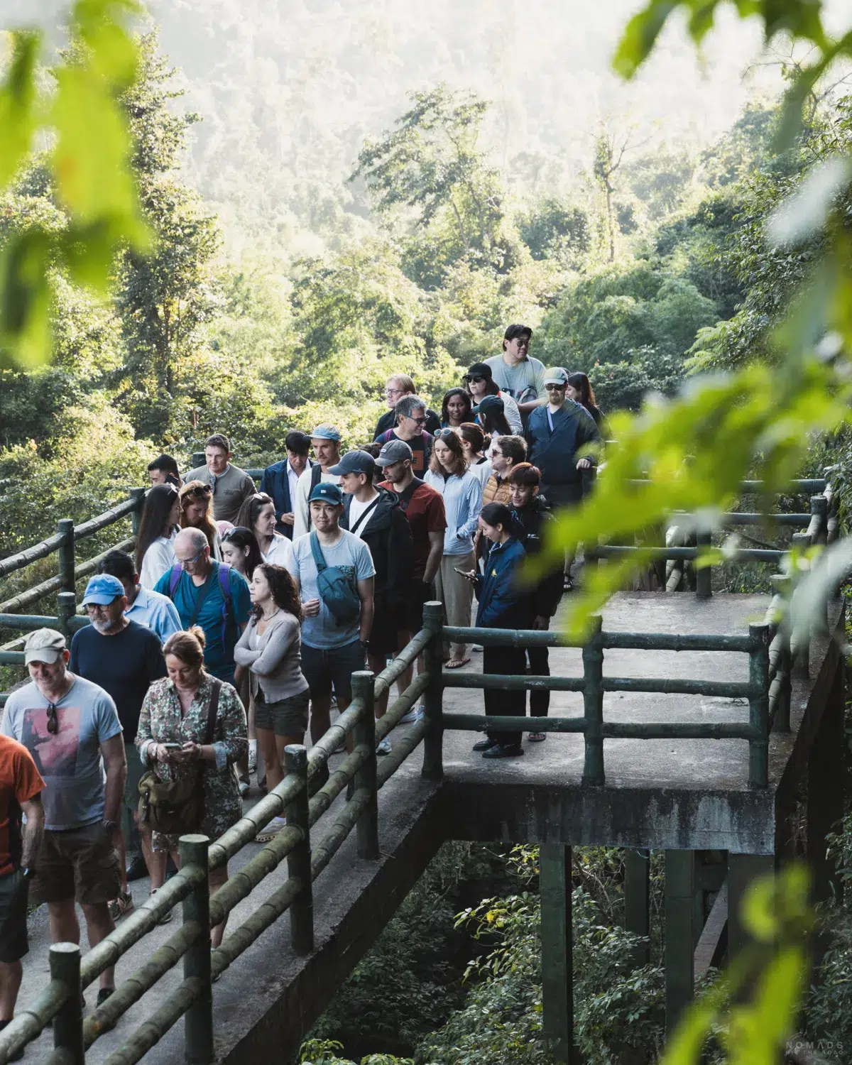 Menschen stehen Schlange auf einer Brücke zur Trung Trang Cave auf Cat Ba
