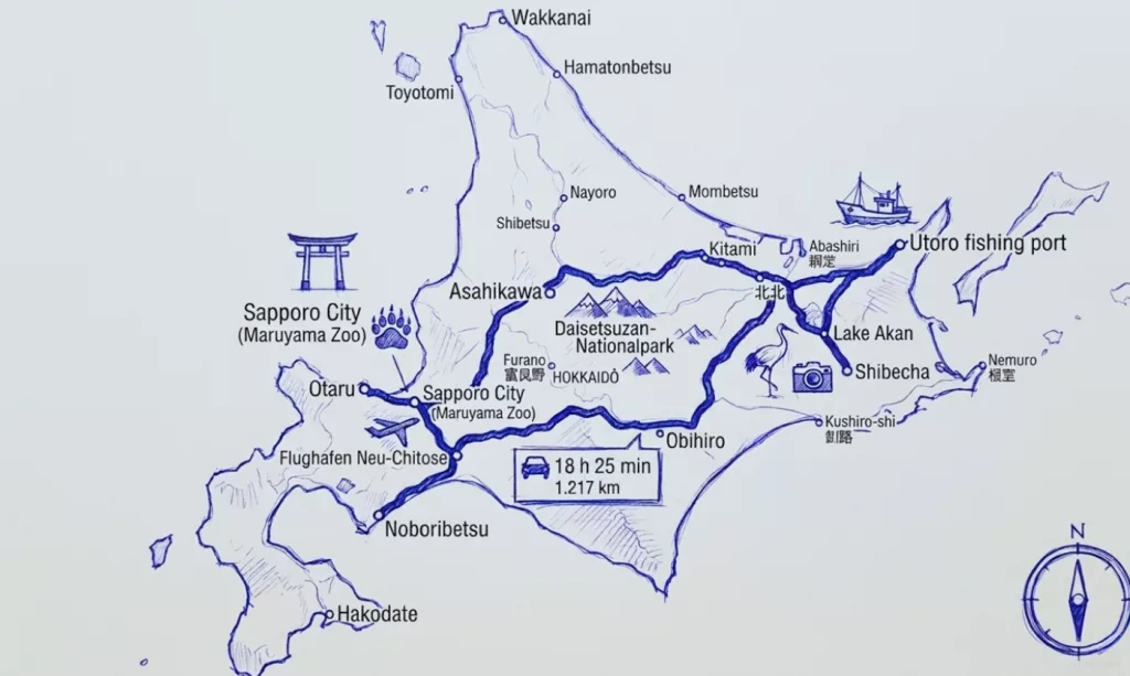 Skizze von Hokkaido inkl. Reiseroute