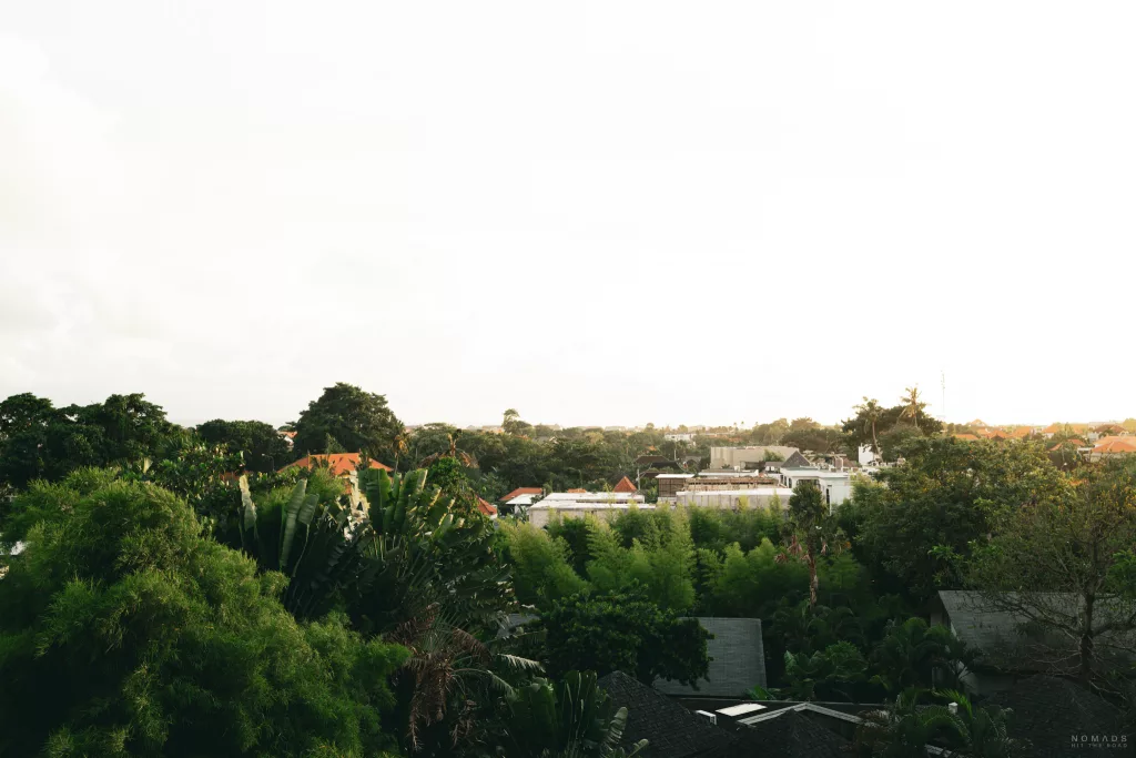 Blick über Pererenan mit Pflanzen, Palmen und Gebäuden