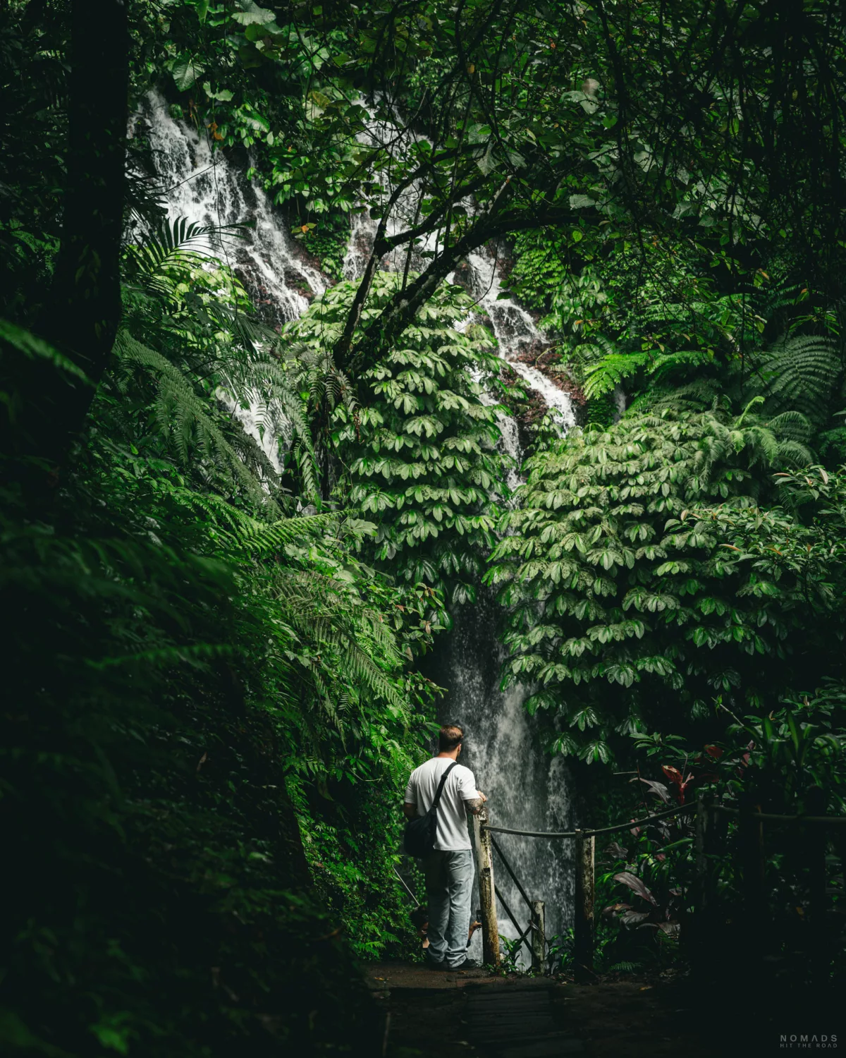 Mann geht einen Weg hinunter zu einem Wasserfall und grüner Vegetation