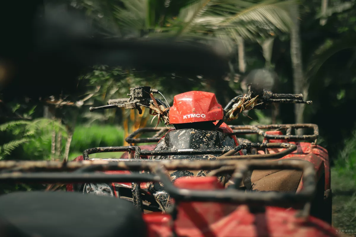 Rotes ATV steht im Dschungel von Ubud