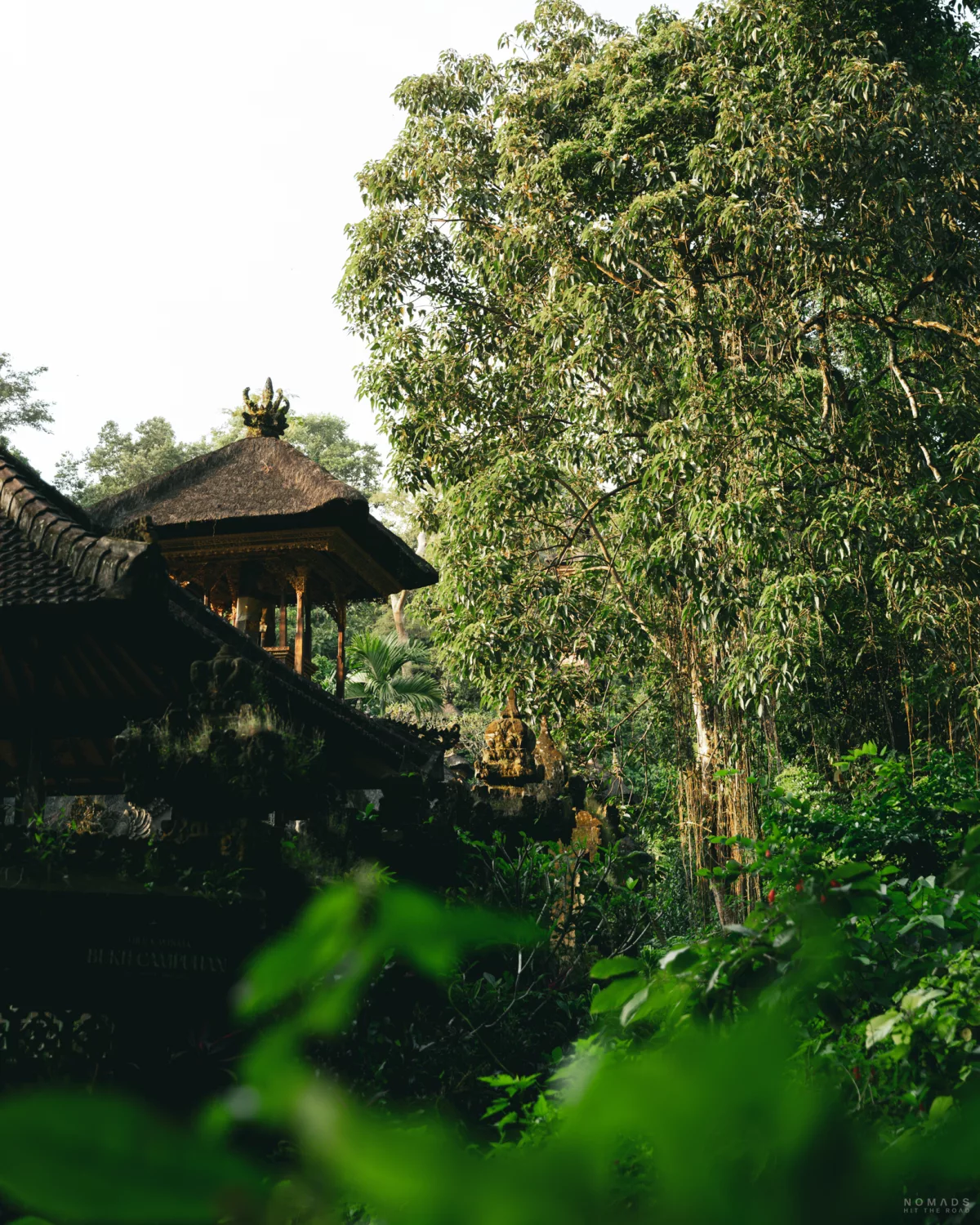 Teil des Mount Lebah Temples am Campuhan Ridge Walk in Ubud umgeben von Bäumen und Pflanzen