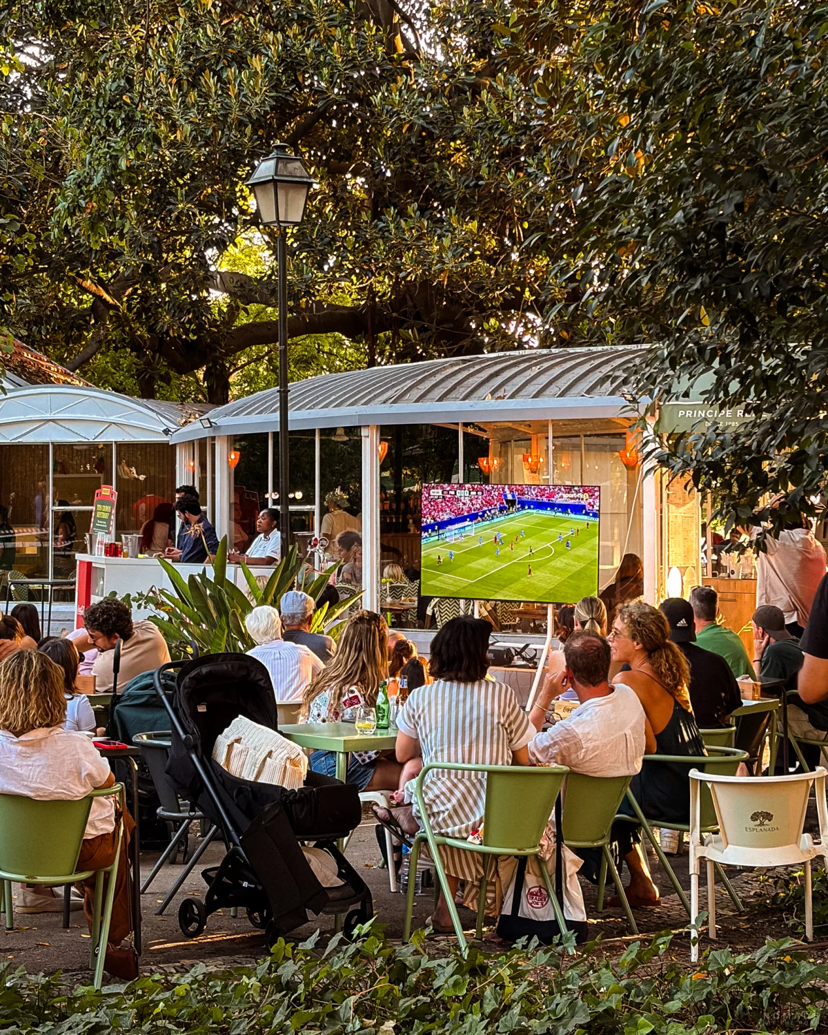 Menschen sitzen auf Stühlen in einem Park und schauen Fußball