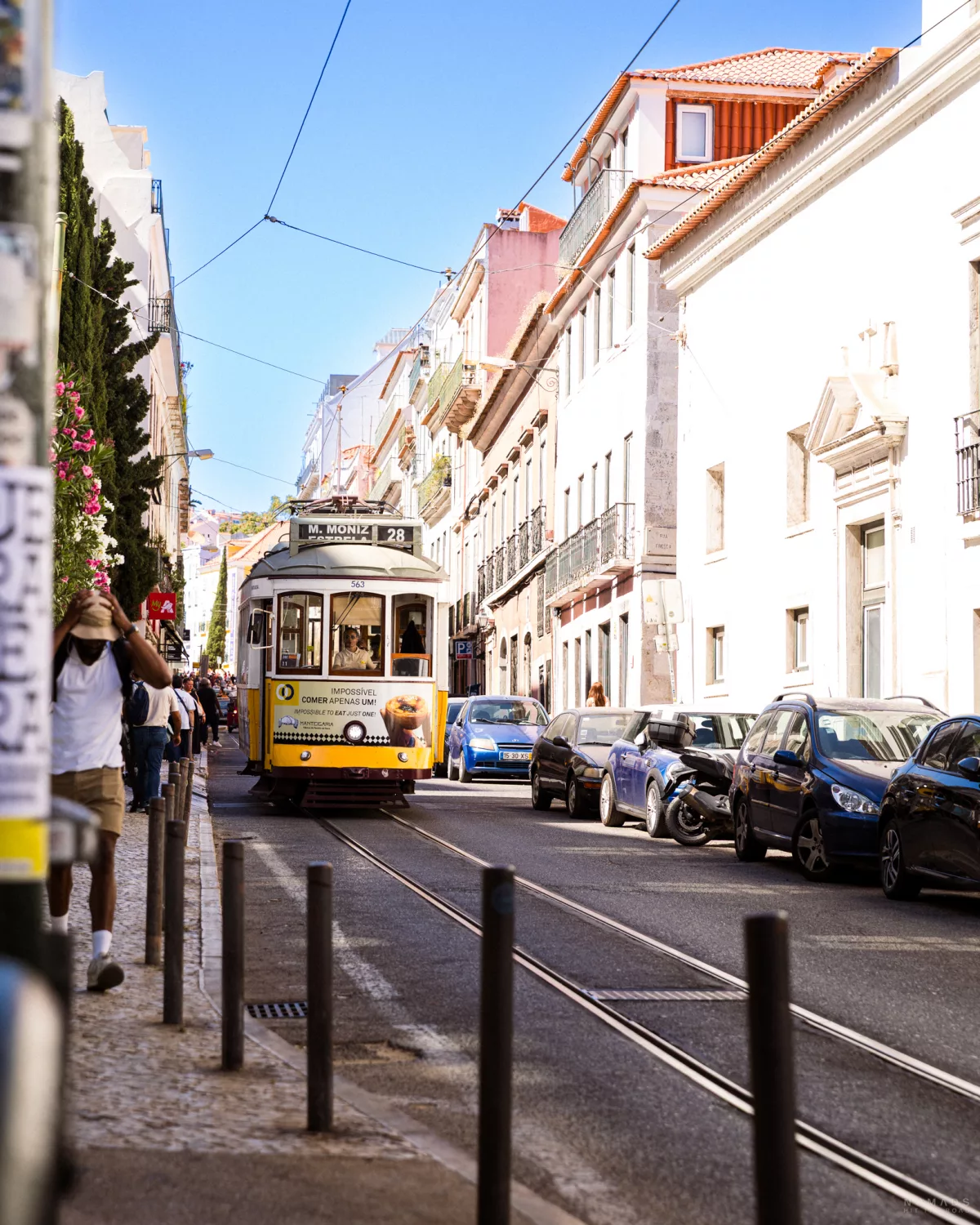 Gelbe Tram 28 fährt an einer Straße entlang