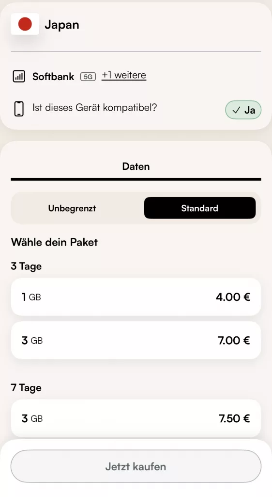 Screenshhot aus Airalo App mit Informationen und Kosten für eSIM für Japan