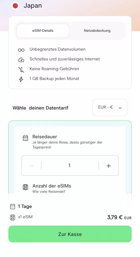 Screenshhot aus Holafly App mit Informationen und Kosten für eSIM für Japan