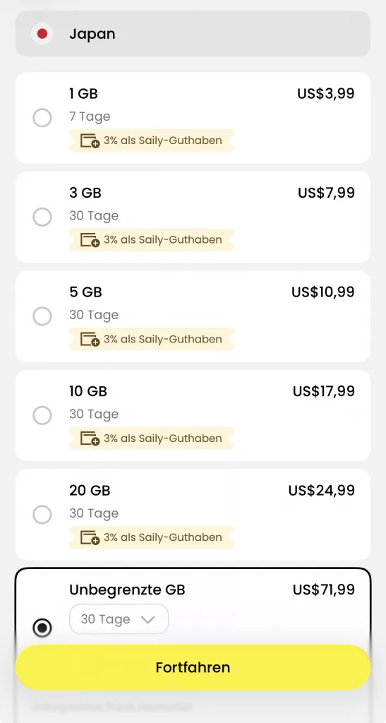 Screenshhot aus Saily App mit Informationen und Kosten für eSIM für Japan