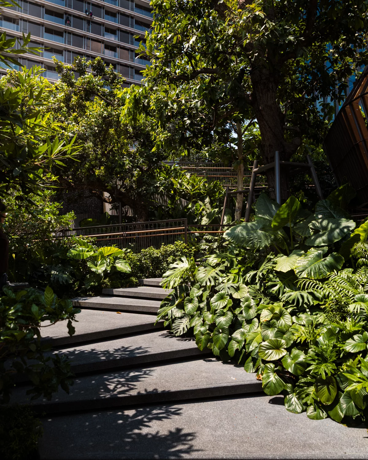 Grüne bewachsender Weg auf der Dachterrasse der Mall Central Park in Bangkok