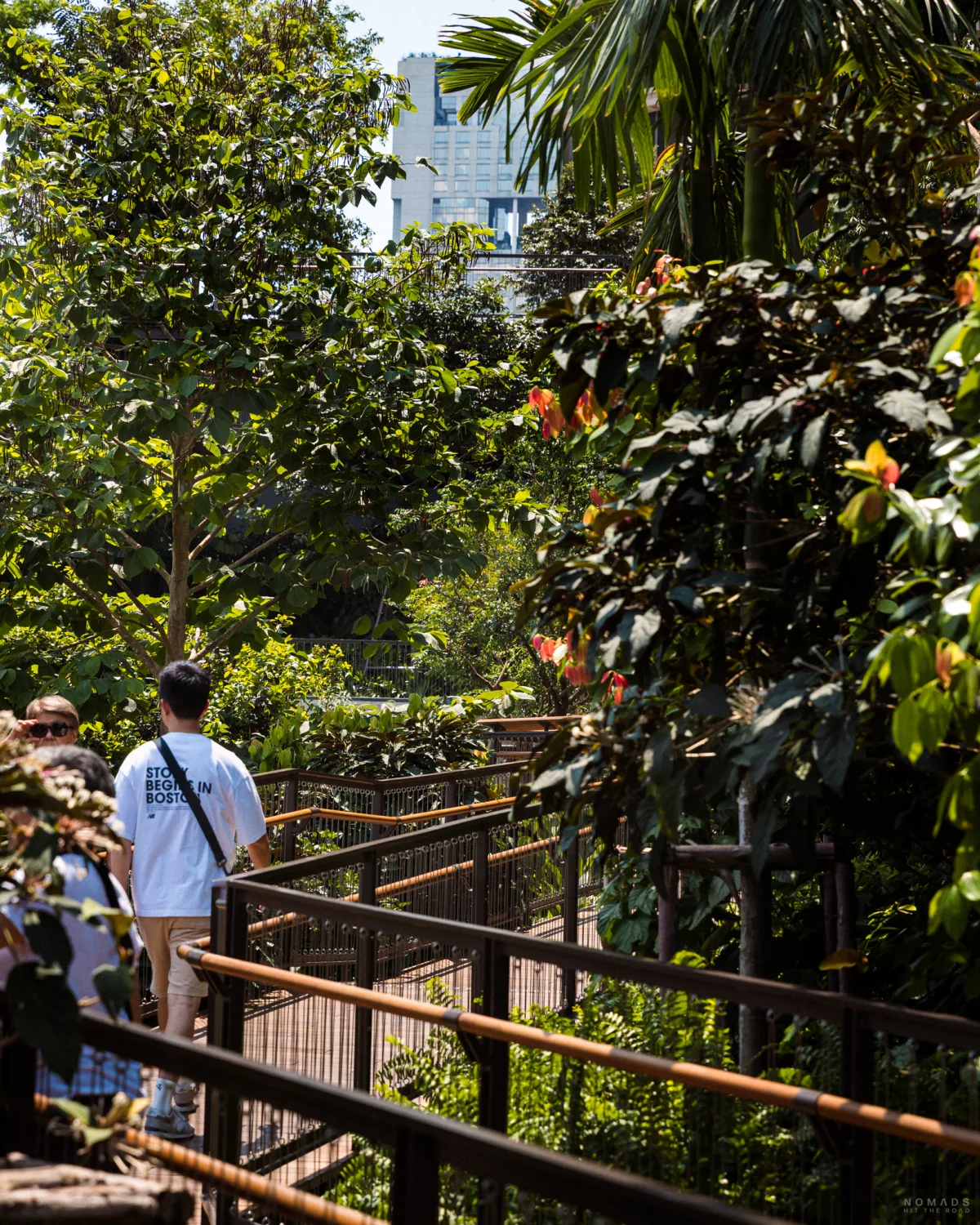 Menschen laufen entlang eines grün bewachsendes Weges auf der Dachterrasse der Mall Central Park in Bangkok