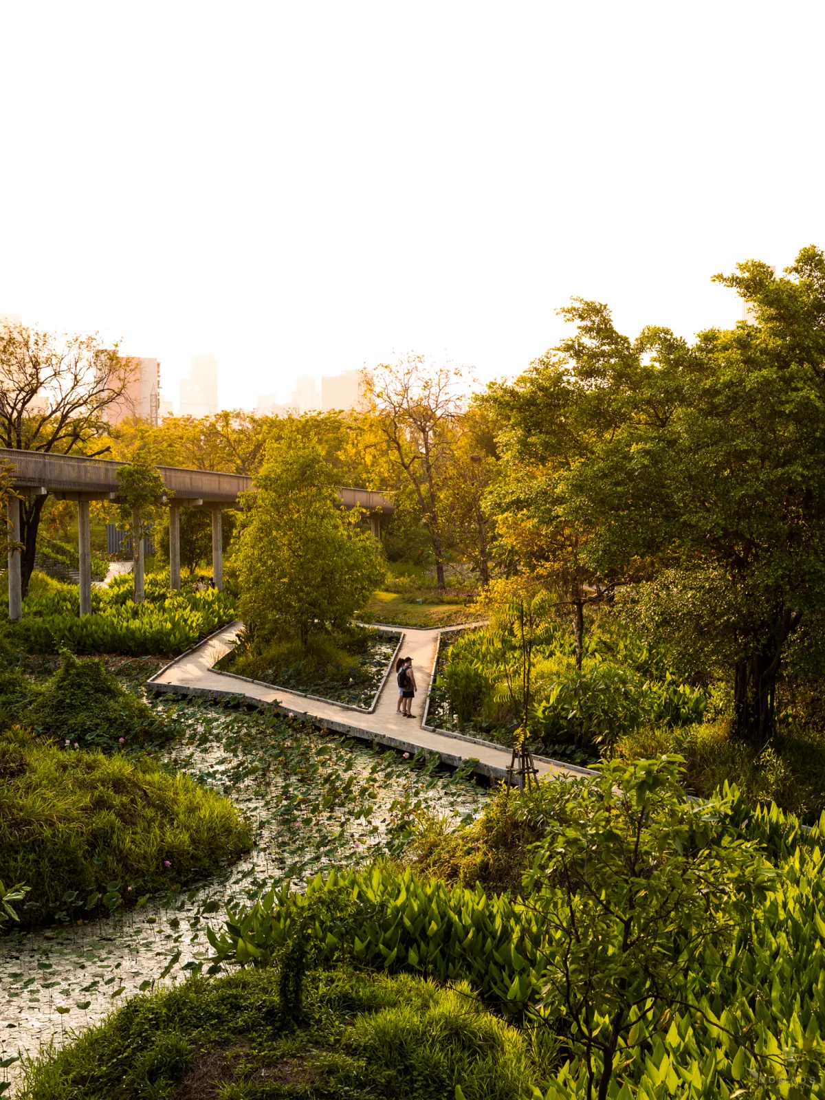 Menschen laufen auf einem Weg durch den Park und über einen Teich in einem Park