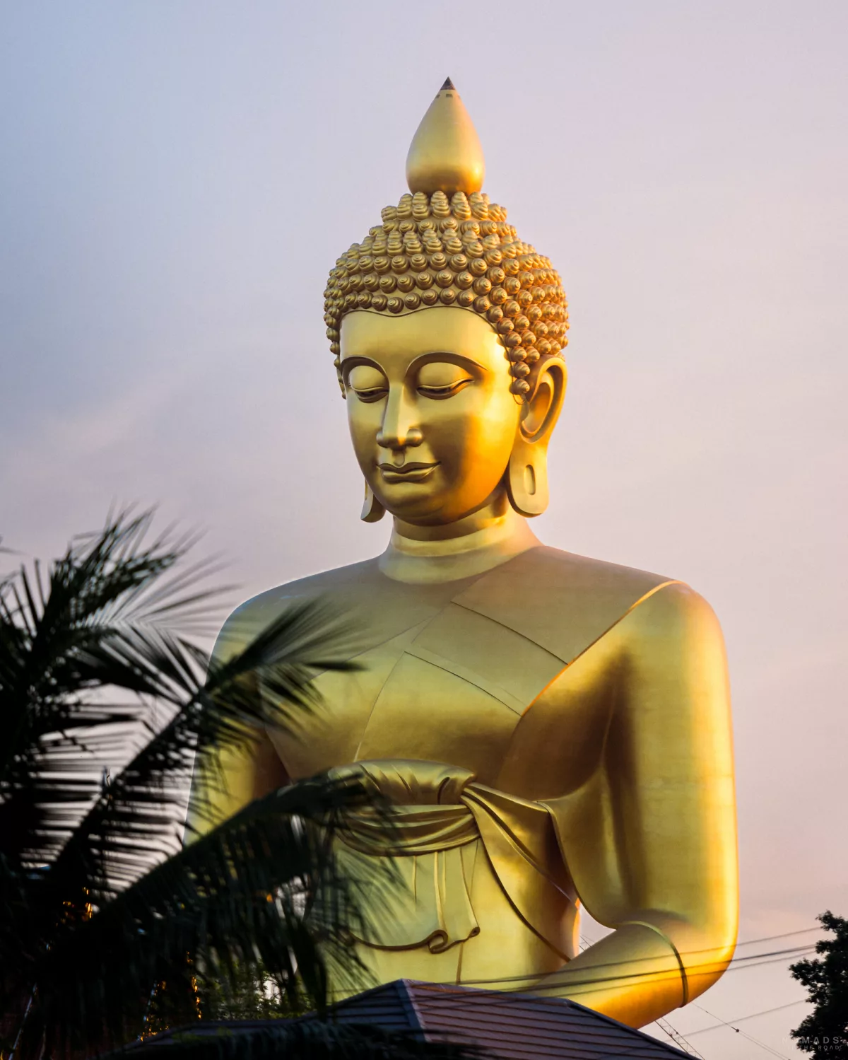 Blick auf den goldenen riesigen Big Buddha als Bangkok Sehenswürdigkeiten von einer Gasse aus bei Sonnenuntergang