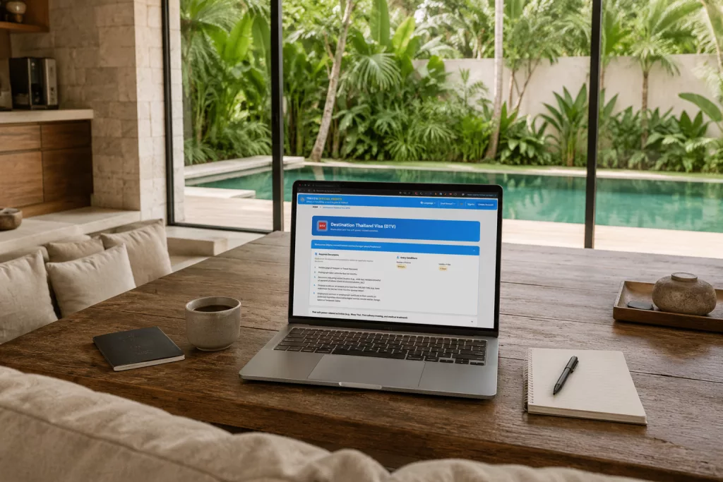 Aufgeklappter Laptop auf einem Tisch mit der Antragsseite für das Destination Thailand Visa